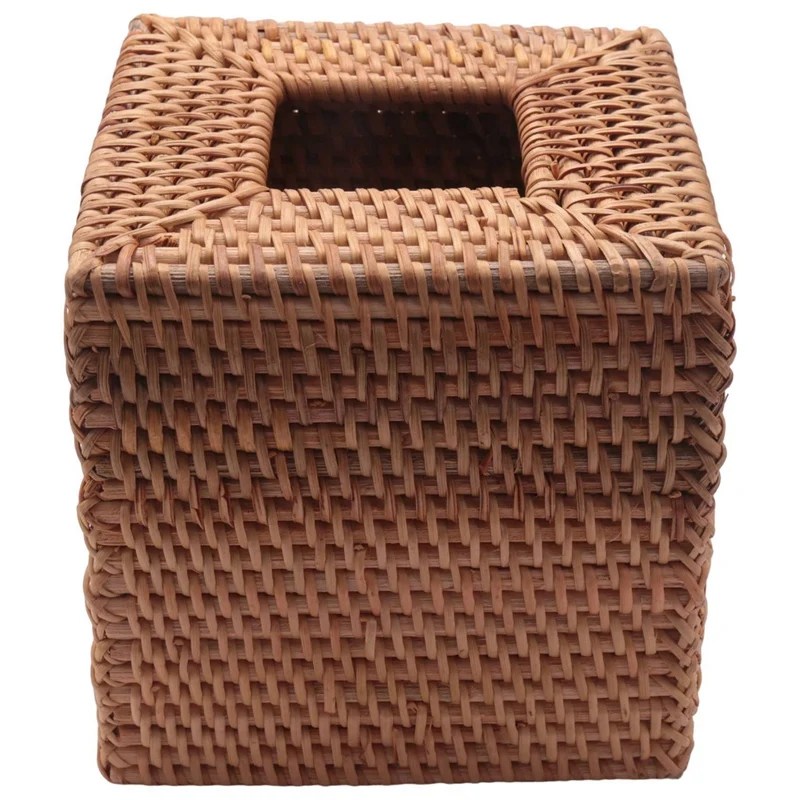 Square Rattan Tissue Box Cover, Hand Woven Wicker Tissue Holder, 5.7 X 5.7 X 5.7 Inches