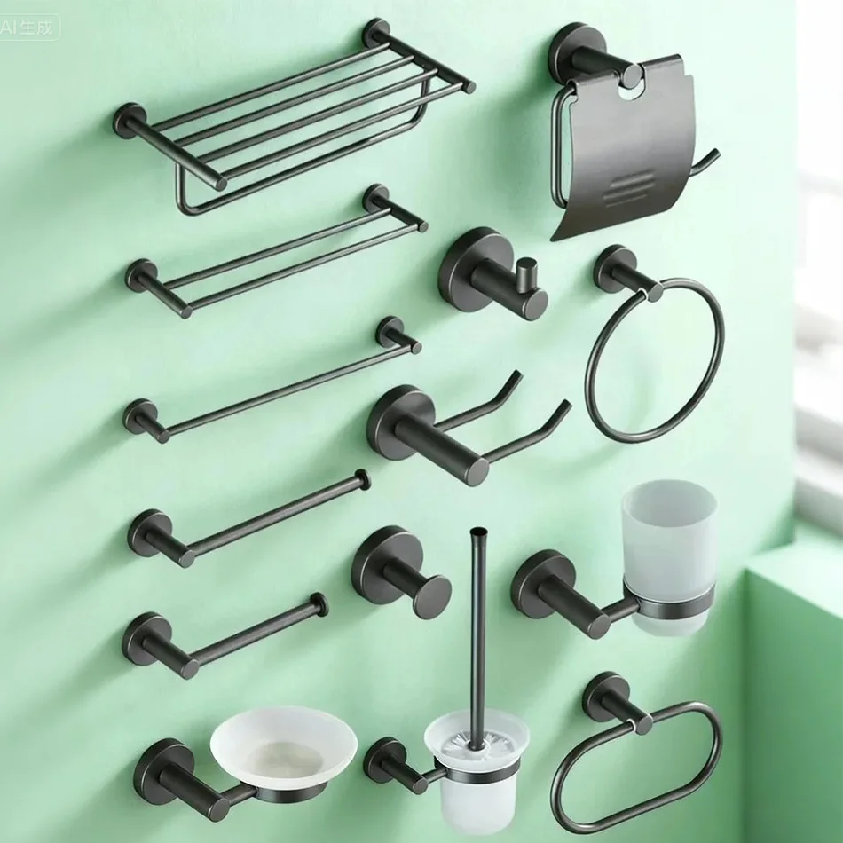 

Grey Bath Accessories Brass Double Towel Bar Toilet Brush Holder WC Paper Roll Rack Robe Hook Hairdryer Shelf Bathroom Hardware