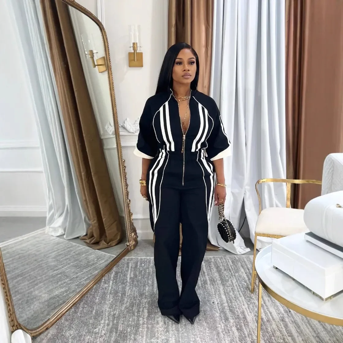 Jumpsuits Women Stand Collar Zipper One Piece Full Sleeve Overalls Wide Leg Long Pants High Waist Rompers Y2k Streetwear 2025