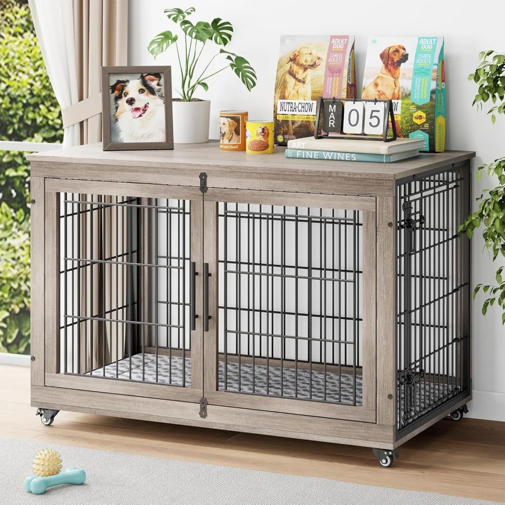 

Dog Crate Furniture with Cushion, Wooden Dog Kennel Indoor with Double Doors, Dog Cage with Wheels, House Side End Table for