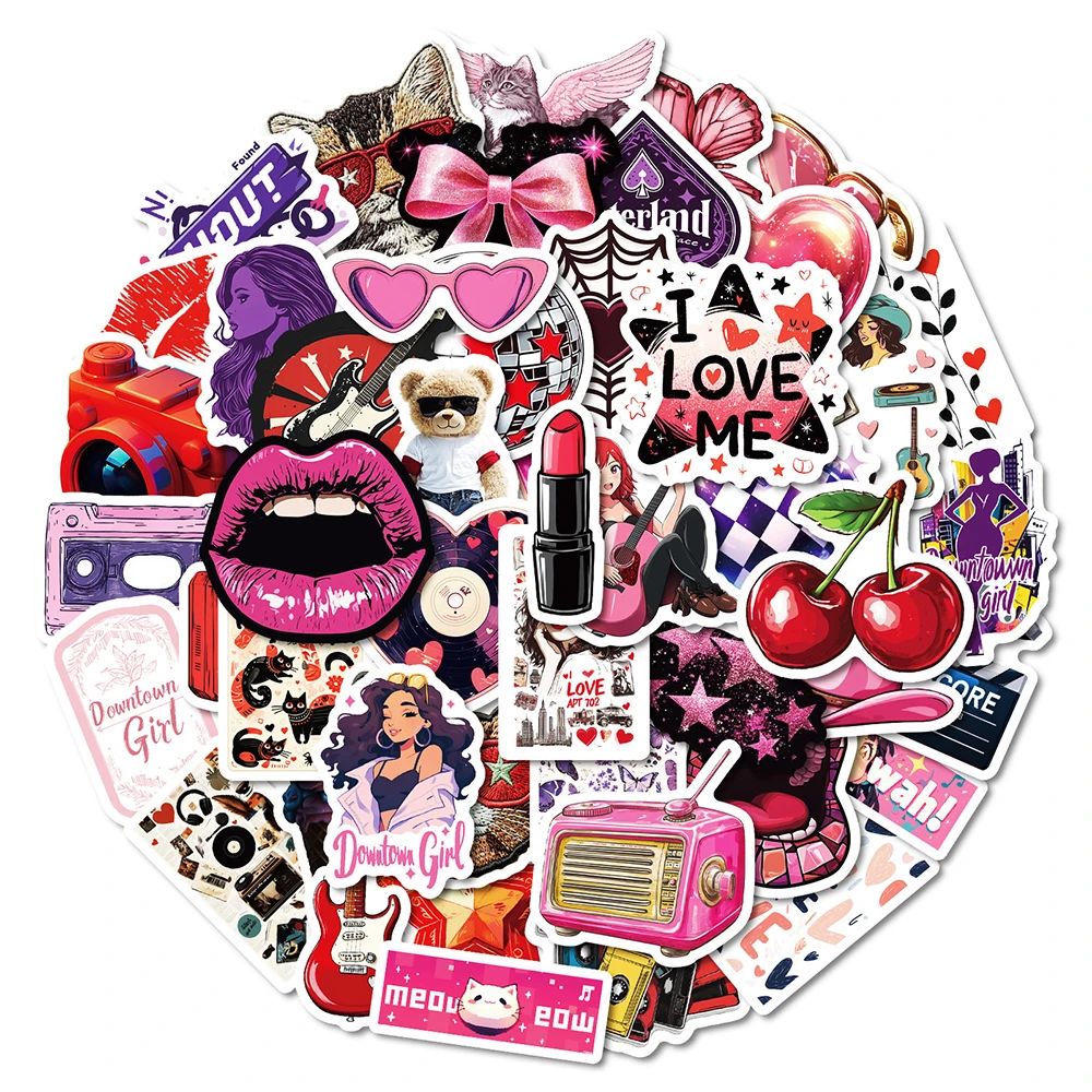 

10/30/50pcs Retro Aesthetic Lip Pink Y2K Girls Stickers for Laptop Guitar Laptop Phone Diary Waterproof Vinyl Kawaii Decals Toys