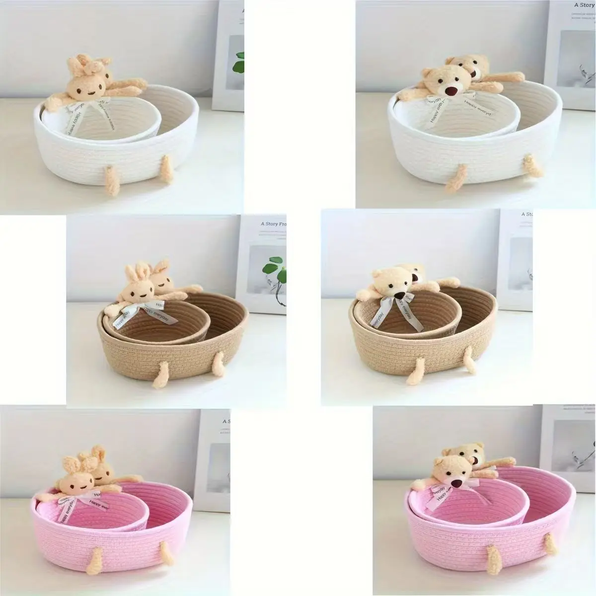 2pcs set  One large and one small combination storage basket cute bunny, bear desktop storage basket, Woven Desktop Storage Bask
