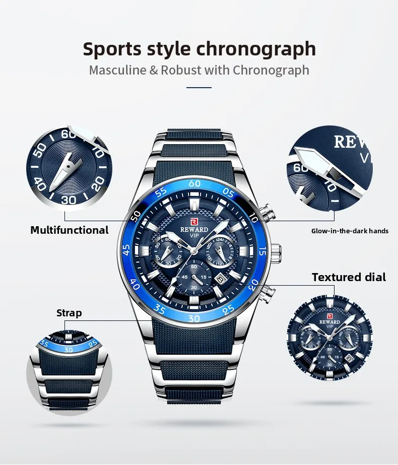 2025 ساعة رياضية متعددة الوظائف بثلاث عيون بتقويم مضيء مقاوم للماء وحزام فولاذي صلب من الفولاذ المقاوم للصدأ ساعة عمل