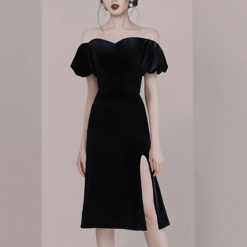 Customized High End French Birthday Party Dresses Solid Temperament Off The Shoulder Slim Mid-length Side Split Gown Popular Ban