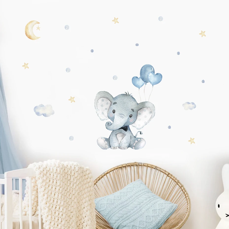 Cartoon Elephant Blue Balloon Watercolor Wall Stickers Removable Nursery Wall Decals Print Kids Baby Room Interior Home Decor