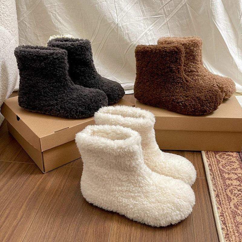 

Winter Women Warm Fur Lining Snow Boots Concise Slip On Soft Sole Shoes Ladies Comfortable Cotton Flats Short Booties