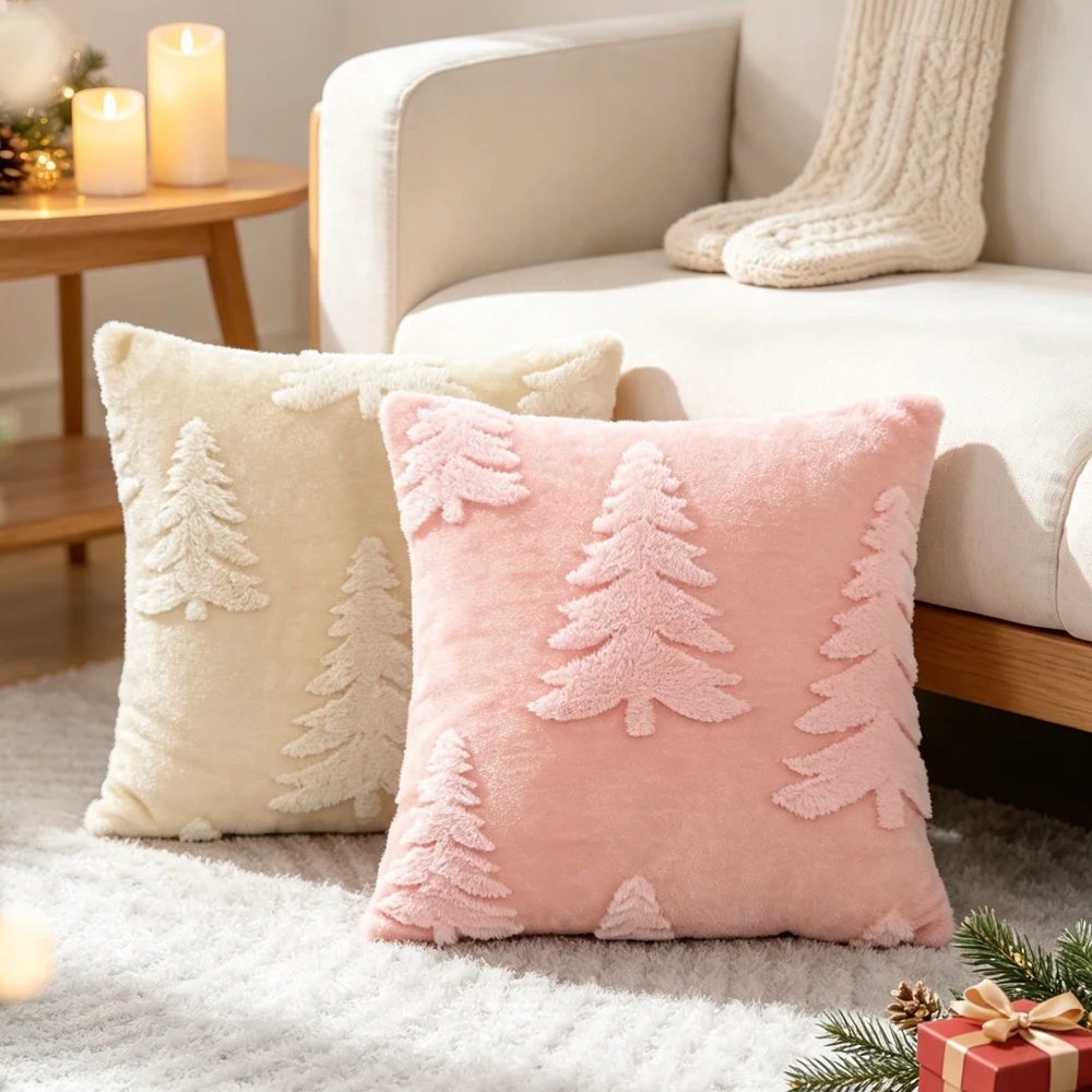 BUYNOW 1PC acquard Faux Rabbit Fur Christmas Tree Pillowcase Without Filler Christmas Vibe Sofa Cushion Cover Home Decor 45x45cm