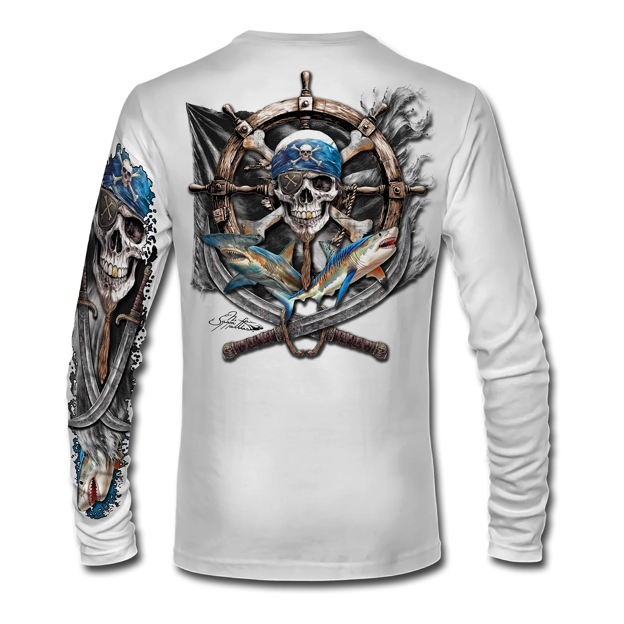 Hand-Drawn Skull Swordfish Back Print Crew Neck Long Sleeve Tee, 4 Colors for Daily Wear, Beach Walks & Casual Fishing