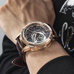 OBLVLO Retro Casual Männer Skeleton Automatische Uhren Mechanische Kalbsleder Strap Mineral Kristall Glas Wasserdichte Uhr Zifferblatt 45mm VM