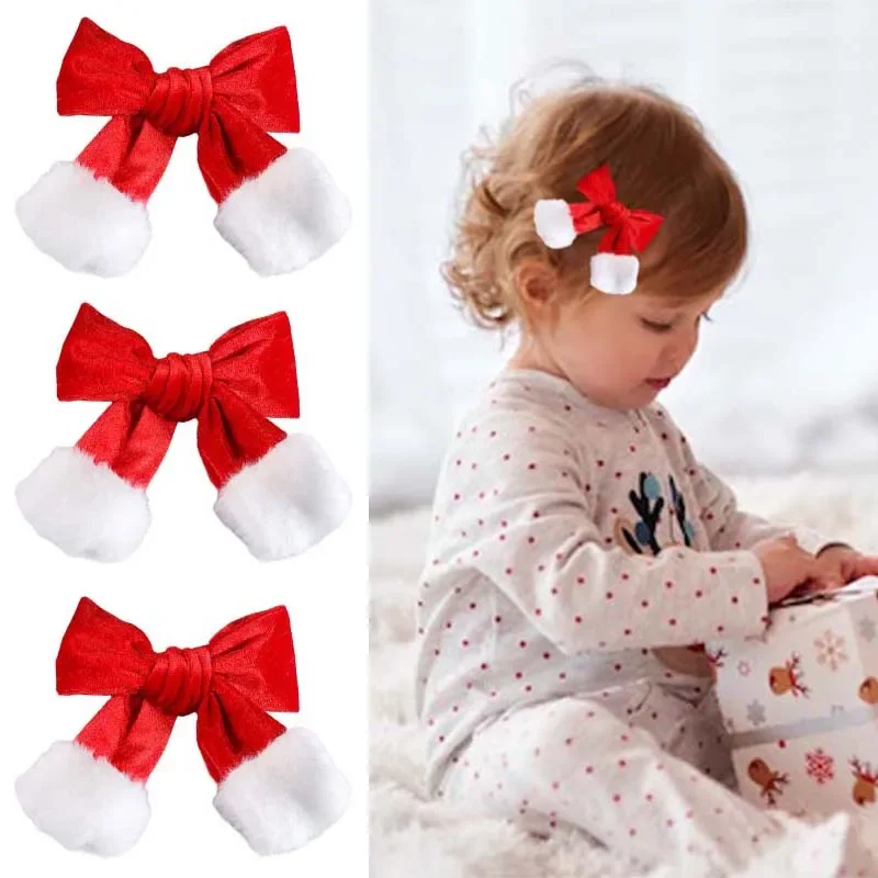 ncmama New Red Coral Fleece Hair Bow Clips Christmas Bow Hairpin for Kids Girls Baby Barrettes Headwear Winter Hair Accessories