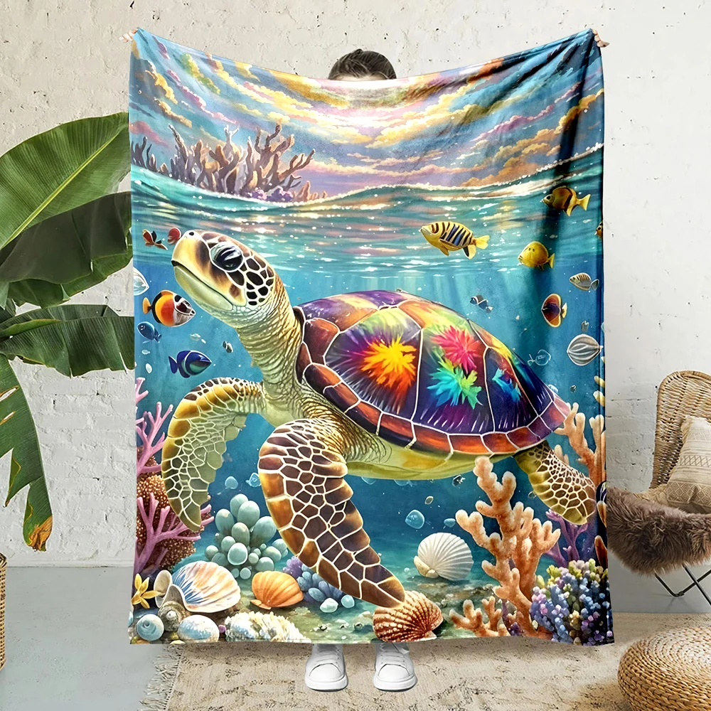 

1PC Colorful sea turtle amid coral reef Print Blanket Warm Soft Fluffy Kids and Adult Sofa Bed Throw Outdoor Travel Camping RV