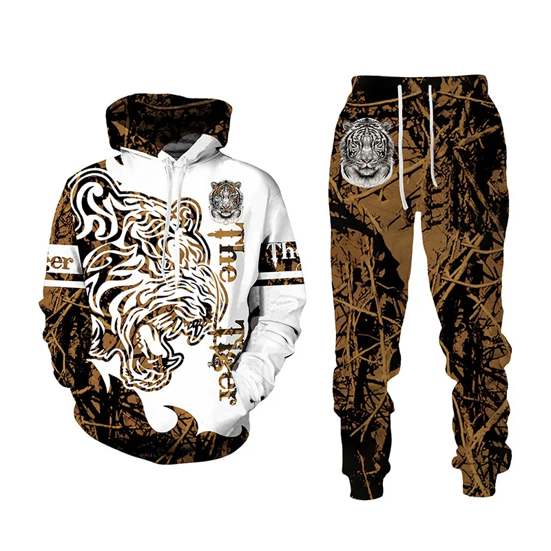 Autumn Winter Tiger Lion Wolf 3D Animal Printed Men's Hooded Sweater Set Male Sportswear Tracksuit Long Sleeve Men Clothing Suit