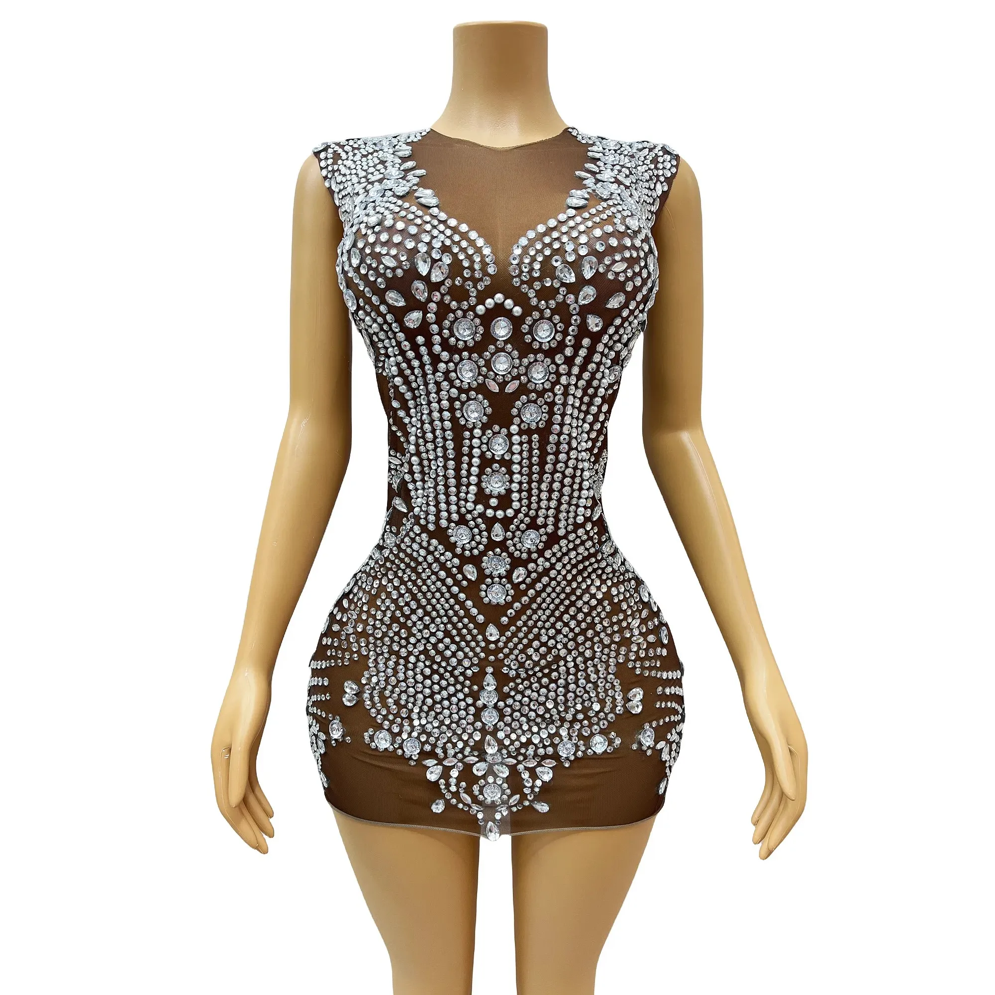 

Brown Mesh Silver Rhinestones Mini Dress Prom Party Celebrate Crystals Outfit Female Singer Sexy Sleeveless Dress dingzhu