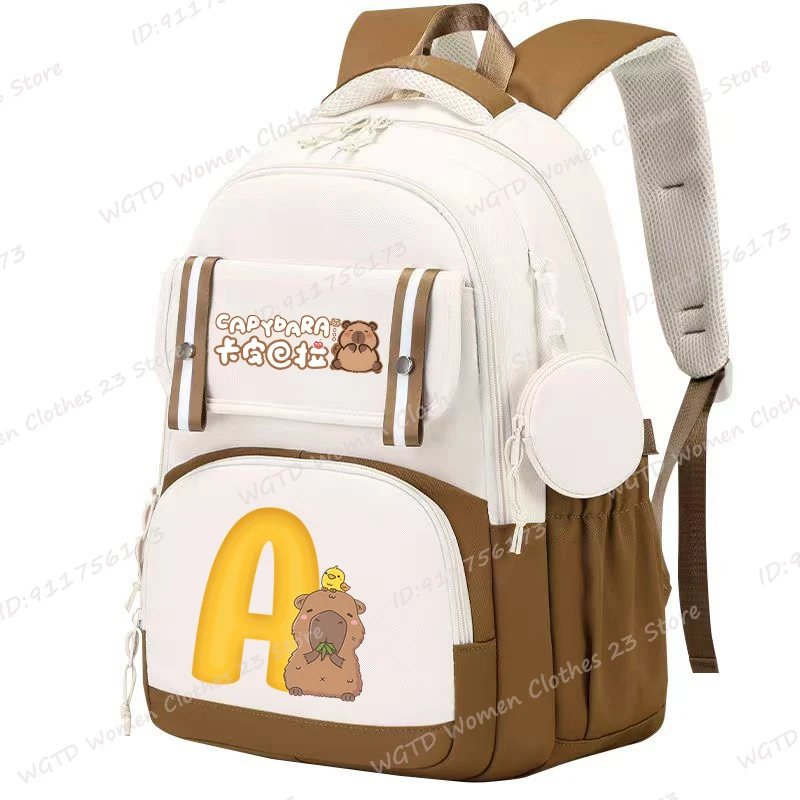 Cute Capybara 26 Alphabet Backpack Women Girls Large Capacity Schoolbags Children Kids Capybara Book Bags Causal Student Bags