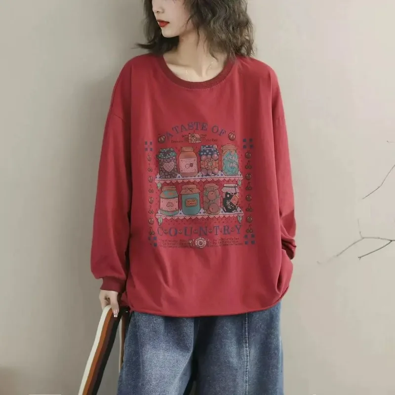 

Весенне-летний новый повседневный пуловер с круглым вырезом из чистого хлопка с принтом и длинными рукавами, универсальная свободная женская футболка