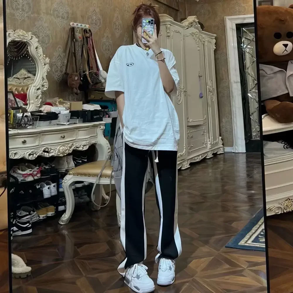 New 2022 Black and White Patchwork Casual Pants Women Summer Sweatpants Loose Full Length Straight Leg Sports Trousers Female