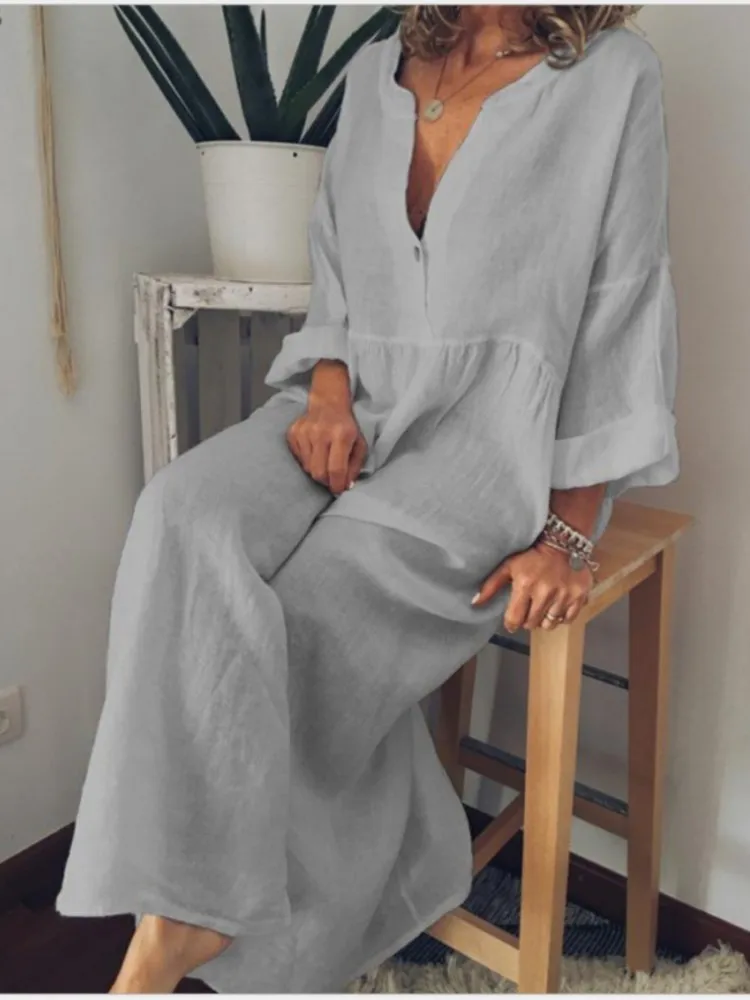 Loose Cotton Linen Women's Long Skirt Spring New Korean Version Loose Casual Solid Color Long Sleeved Button Up Dress