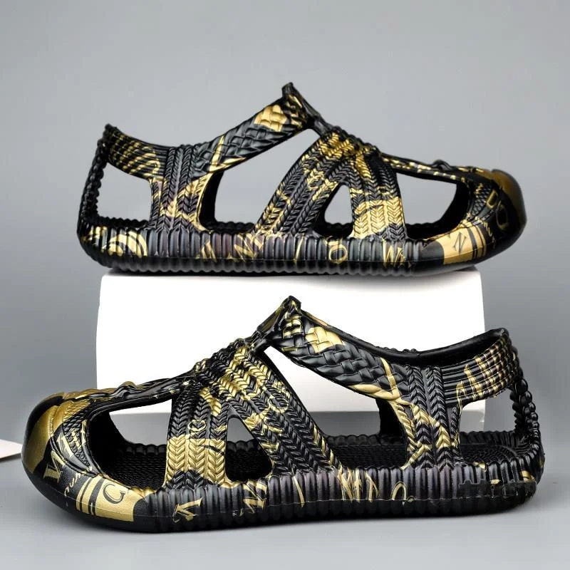 Men's Sandals Summer Outdoor Wear Woven Grass Shoes Anti-slip Sports Casual Driving Soft Bottom Hollow Hole Shoes