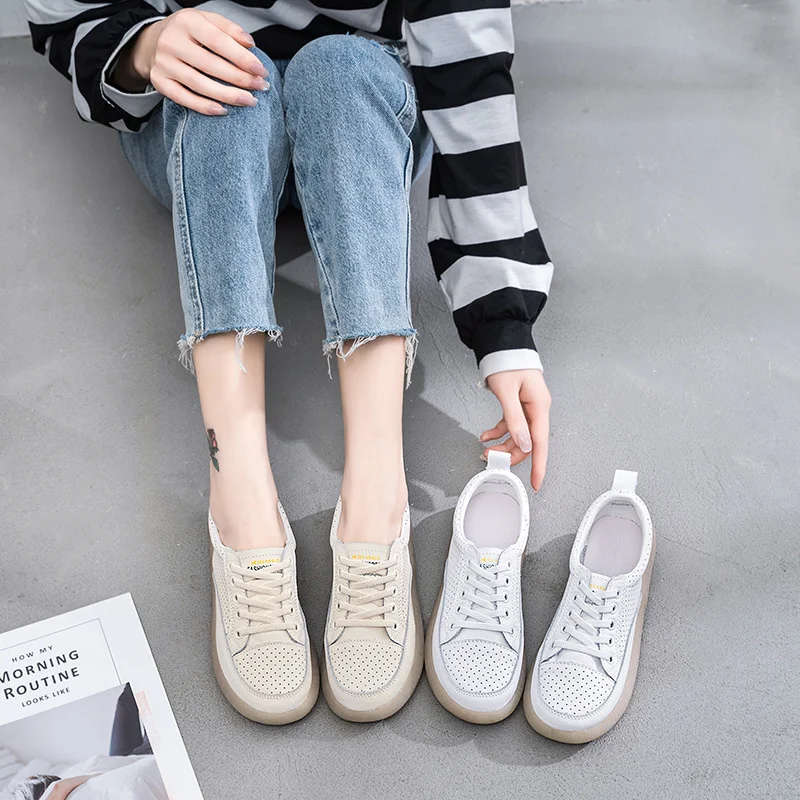 

New 2022 Genuine Leather Women's Casual Vulcanize Designer Cowhide Sport Walking Running Shoes Spring Summer Lady Flats Sneakers