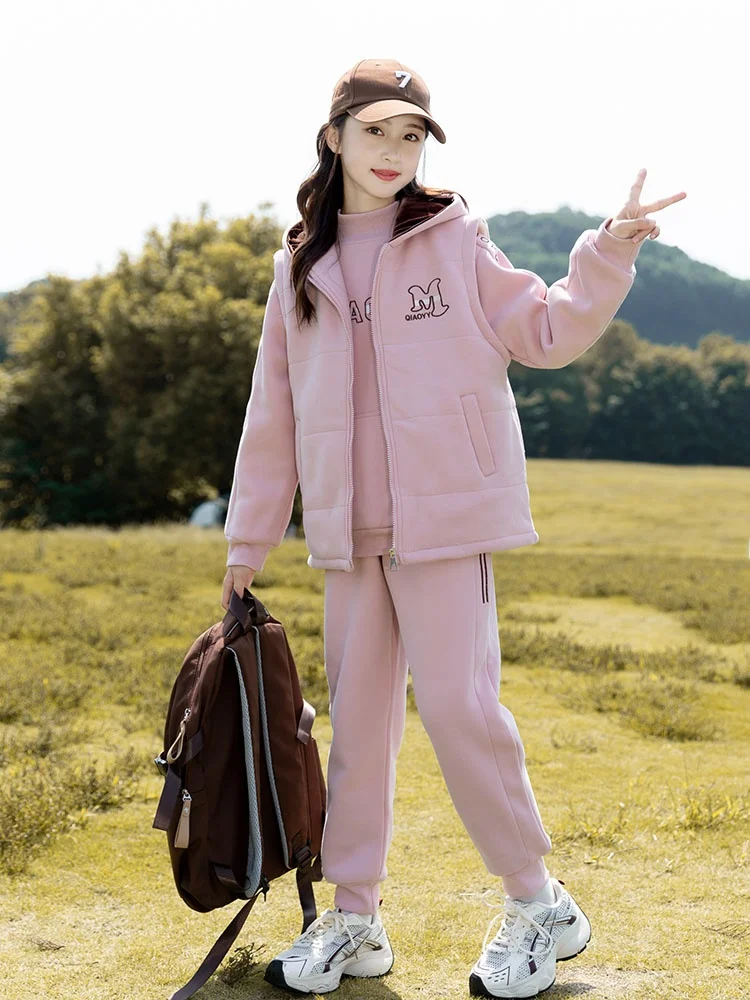 

Girls Winter Hoodie Set 3pcs Sports Long Sve Pants for Junior High School Students Fem Kids Clothing Casual Sportswear