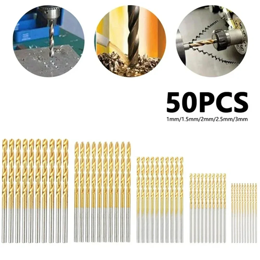 50PCS Twist Drill Bit Set 1/1.5/2/2.5/3mm High Steel Titanium Coated Drill Bits Set Tool For Woodworking