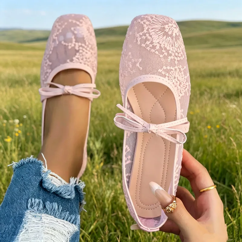 

CLAREGQI Women Floral Lace Mary Jane Flats Square Toe Bow Strap Breathable Mesh Ballet Shoes Summer Casual Daily Walking Flat P