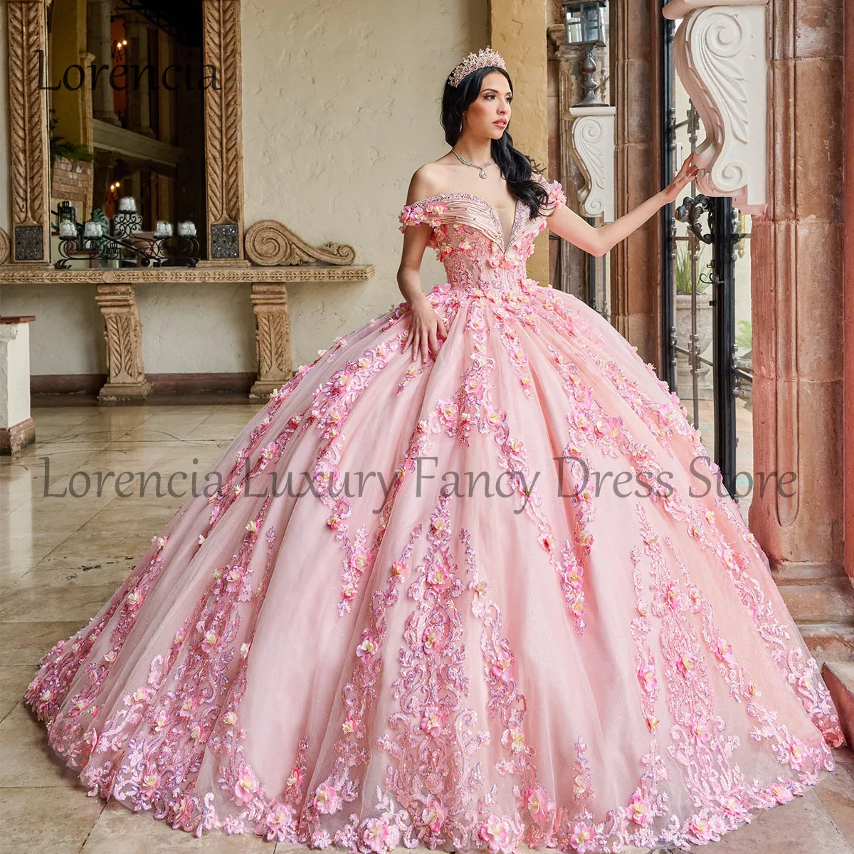 Vestido De quinceañera Rosa Mexicano 2024, vestido De baile, flores 3D, hombros descubiertos, apliques, corsé dulce 16, Vestidos formales De 15 Años