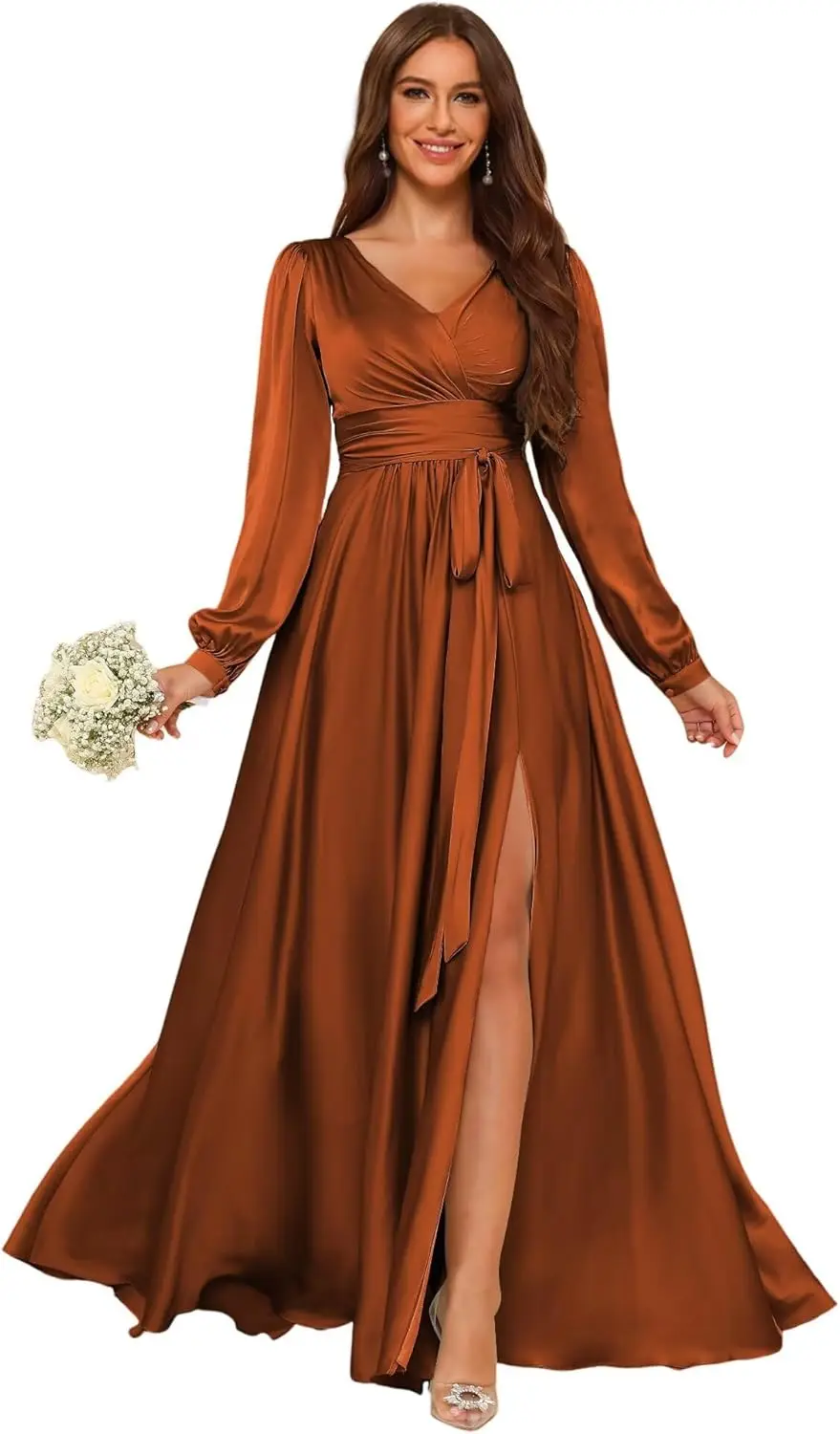 فستان وصيفة العروس بأكمام طويلة للنساء 2025 فستان سهرة رسمي من الساتان برقبة على شكل حرف V، مع فتحة طويلة لحفلات الرقص وحفلات الكوكتيل #1