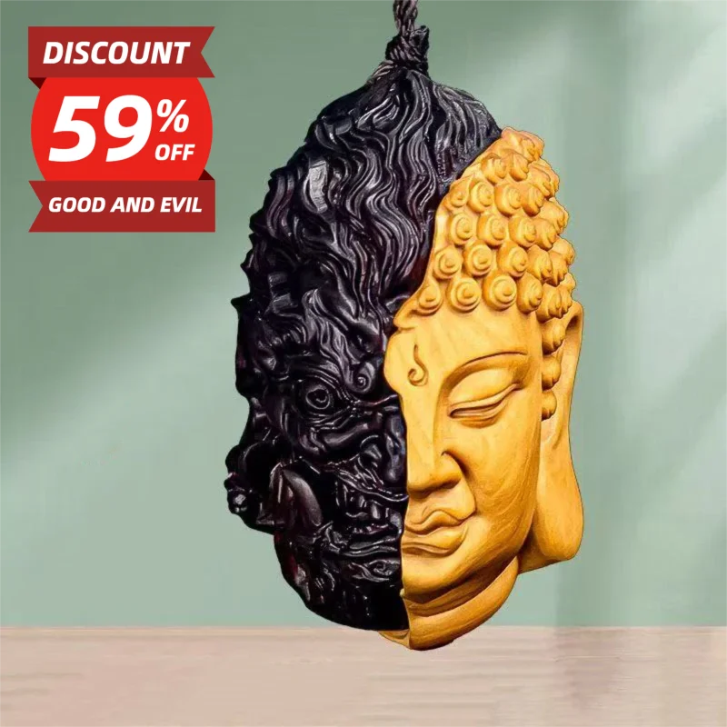 Devil Satan Buddha Deity Head Carved Solid Wood Man Gift Wonderful Carved Statue Yellow Origin Wooden Statue