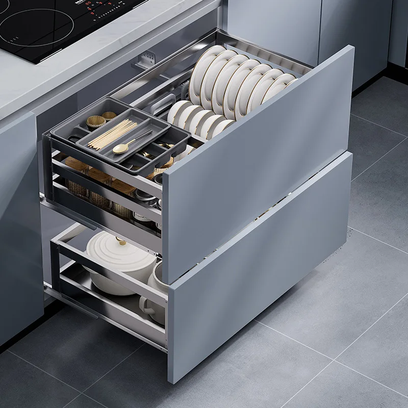 

Cabinet 304 Stainless Steel Double Drawer Bowl Rack Storage Built-in Cabinet Bowl Basket