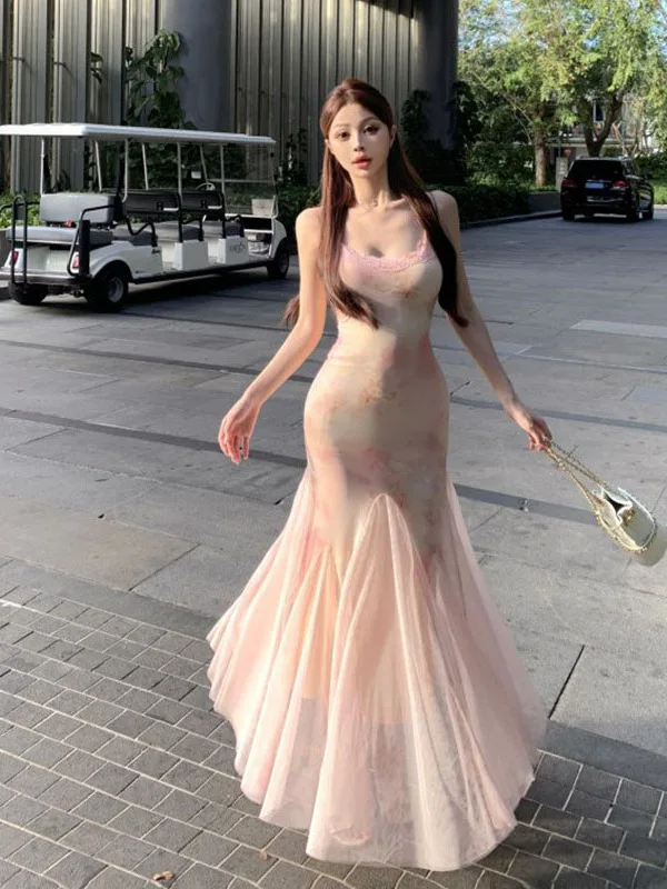 

Потрясающее праздничное облегающее платье с цветочным принтом на бретелях Dr, корейское платье с высокой талией No Sve, женское платье больших размеров, летнее платье