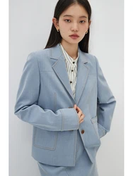 ZIQIAO Light Denim Color Front Shoulder Suit Jackets Notched Collar Single Breasted Office Lady Pocket Design Blazers 24ZQ91122