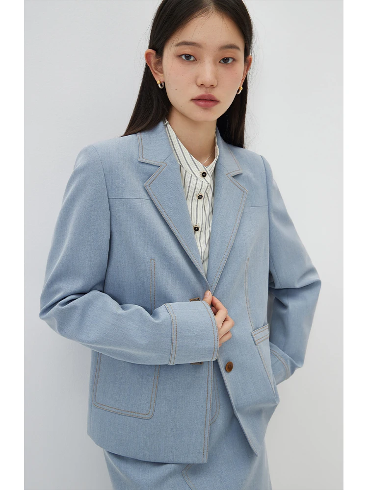 ZIQIAO Light Denim Color Front Shoulder Suit Jackets Notched Collar Single Breasted Office Lady Pocket Design Blazers 24ZQ91122