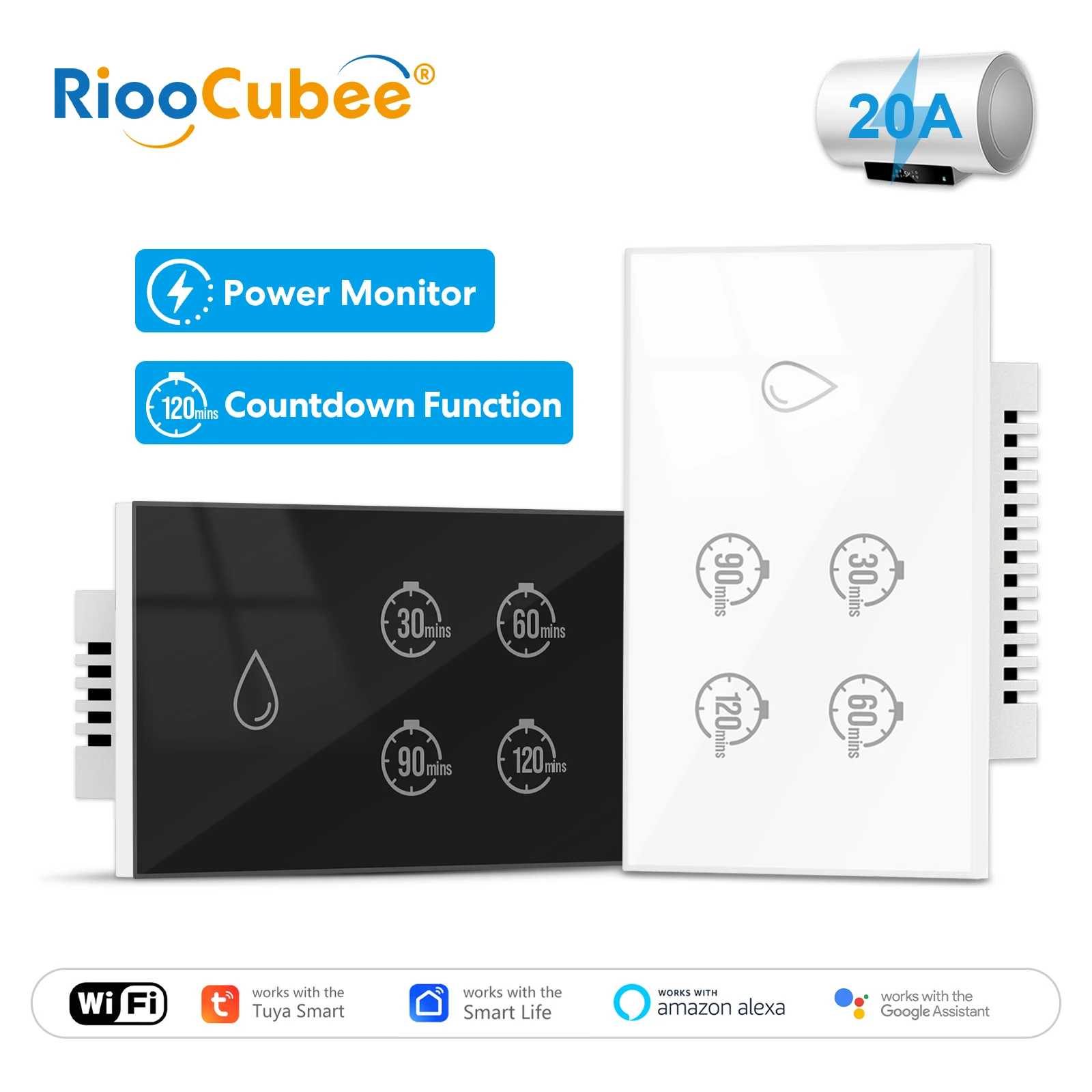 

RiooCubee Tuya Smart Life 20A Водонагреватель Котел Переключатель Сенсорная панель Пульт дистанционного управления Таймер Голосовое управление через Google Home Alexa