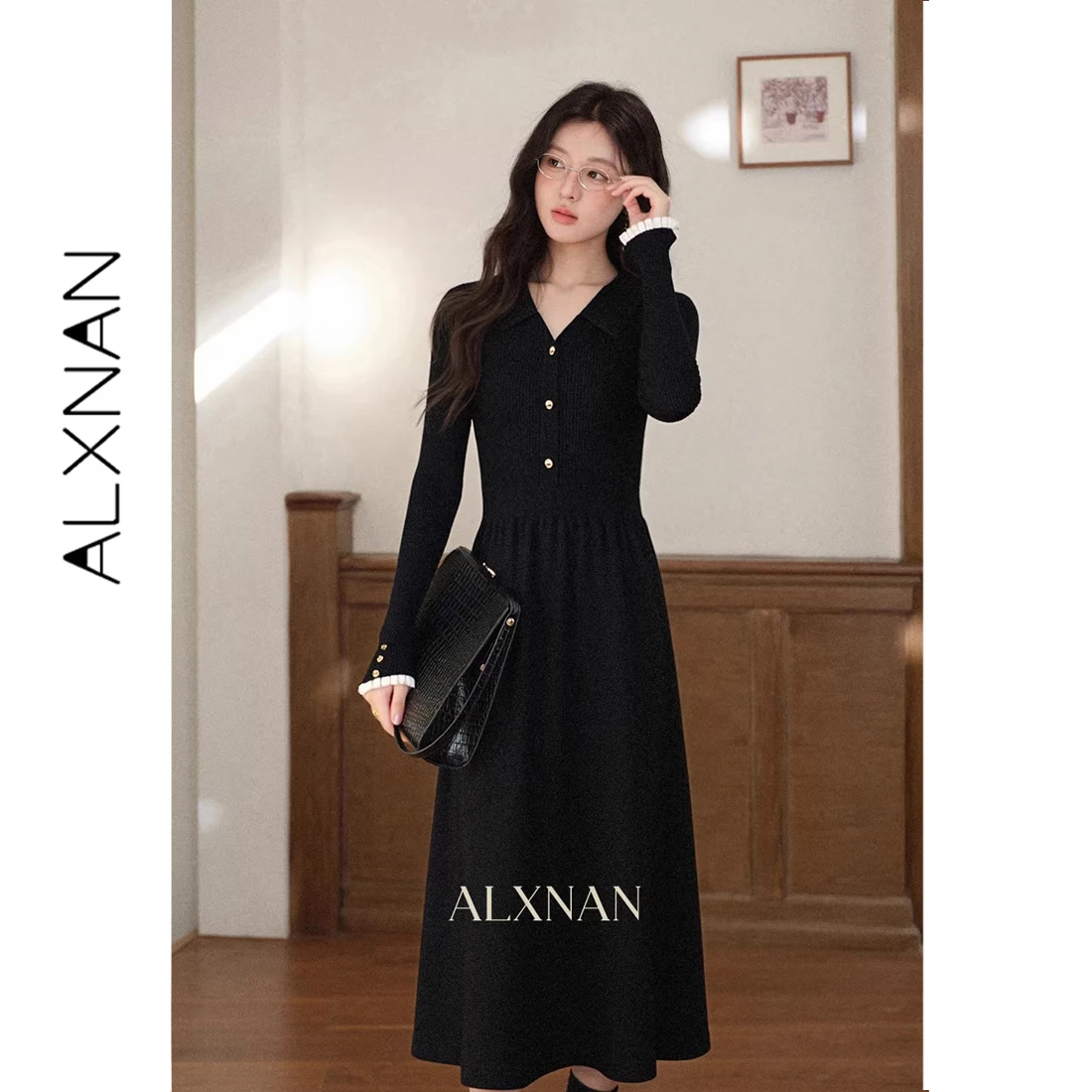ALXNAN French Long Dress Women 2026 New V-neck Elegant A-line Black Dresses Contrast Ruffle Cuff Slim Ladies Clothing QYM002404
