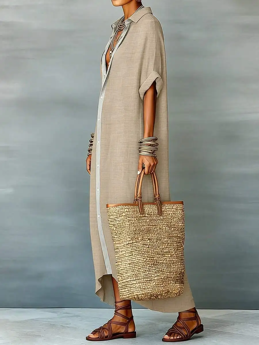 

Women Loose Turn-Down Collar Short Sleeve Cardigan Dress Asymmetrical Hem Casual Vacation Summer Dress