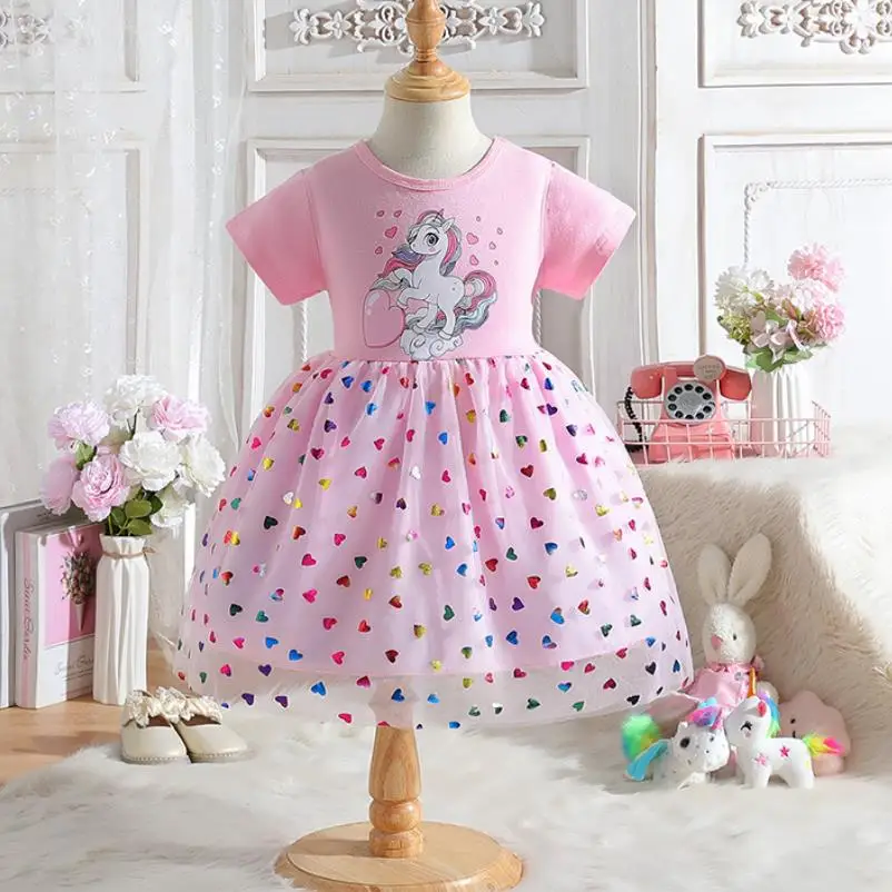 Children's Korean Version Dress 2026 New Girls' Summer Cartoon Printed Short Sleeved Mesh Princess Dress