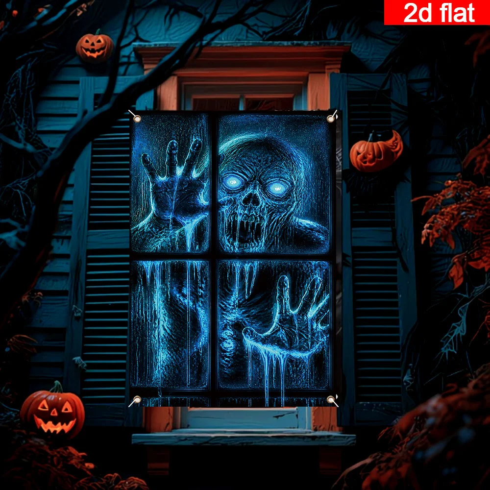 2D Flat Banner, 1 Halloween Horror Themed Window and Door Cover, with a Polyester Halloween Horror zombie Paw Print Pattern