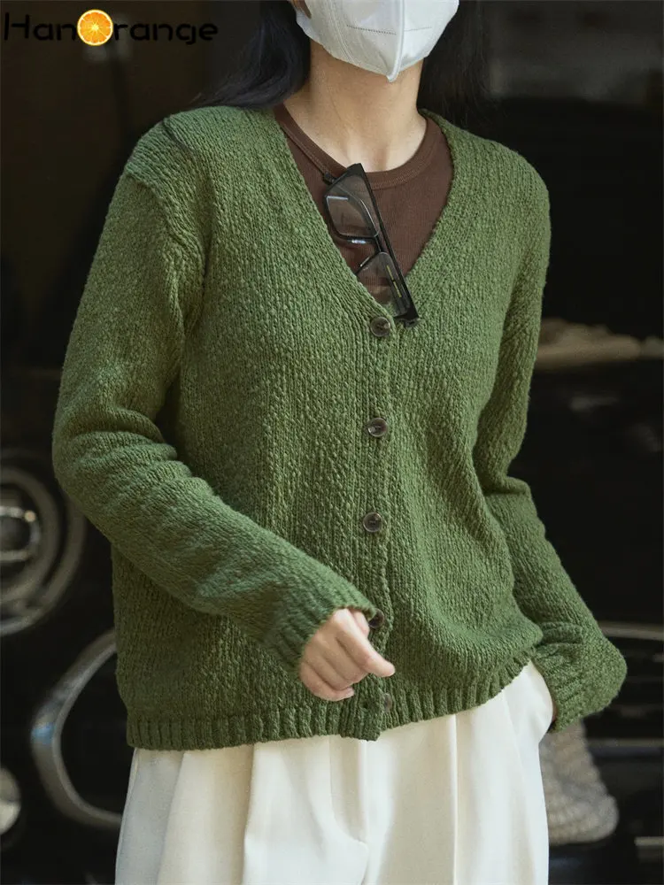 

HanOrange 2024 Spring Vintage V-neck Knitted Cardigan Women Texture Loose Simple Casual Long Sleeve Jacket Female Black/Green