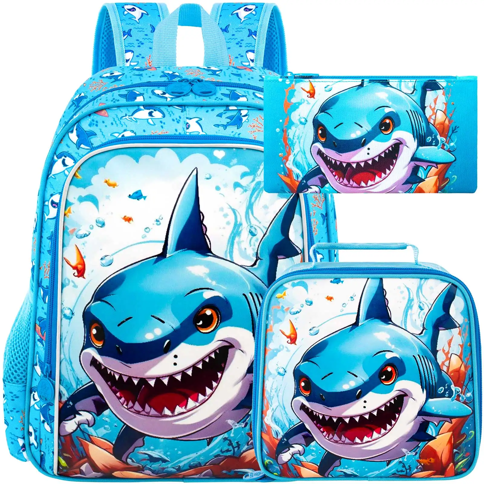 

3PCS Shark Backpack for Boys, 16 Inch Kids Water Resistant Preschool Bookbags, Cool Elementary Kindergarten School Backpacks and