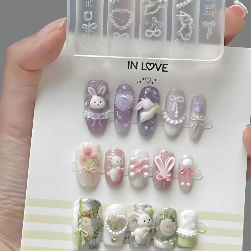 

1PC Silicone Nail Art Mold Cartoon Lace Bow Rabbit Cute Bear Balloon Flower Button Nail Art DIY 3D Decoration Mold