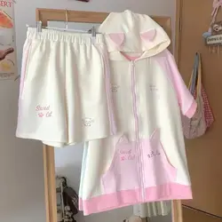 Cute Trouser Suits Female Summer Short Sets Kawaii Cat Ears Sports Suit 3D Decorated T-shirt Casual Two Piece Set Home Clothing