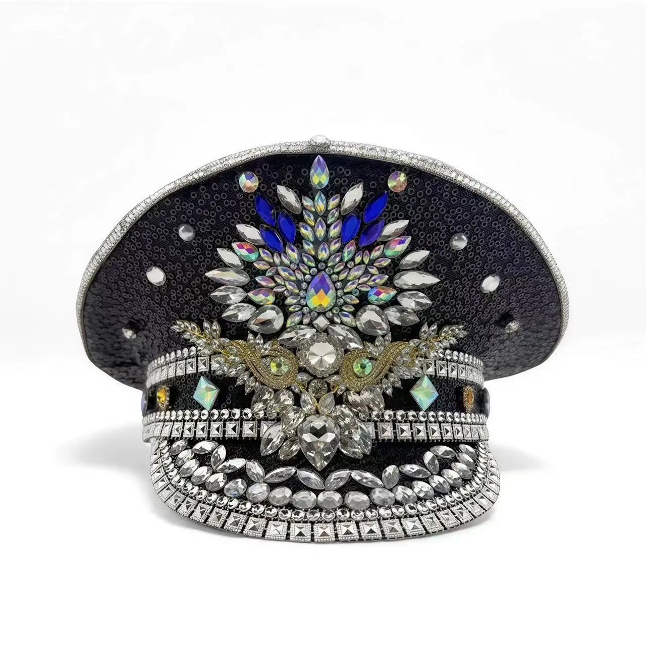 

Steampunk Captain Hat Rhinestone for Carnival, Mardi Gras, Vintage Military Accessories & Cap for Men & Women