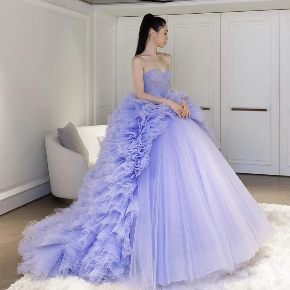 Fashion Strapless Evening Gowns Lavender Chic Layered Puffy Tulle Pleat Party Dress with Long Train Elegant Ruched Prom Dress