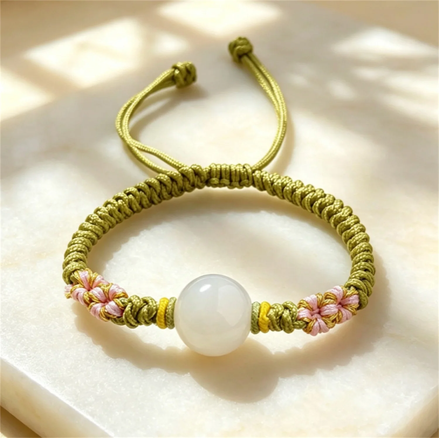 Genuine Burmese Class A Jade Sphere Bead Antique Handmade Peach Flower Knot Resizable Lovers Wristband Cord Male Female Oriental