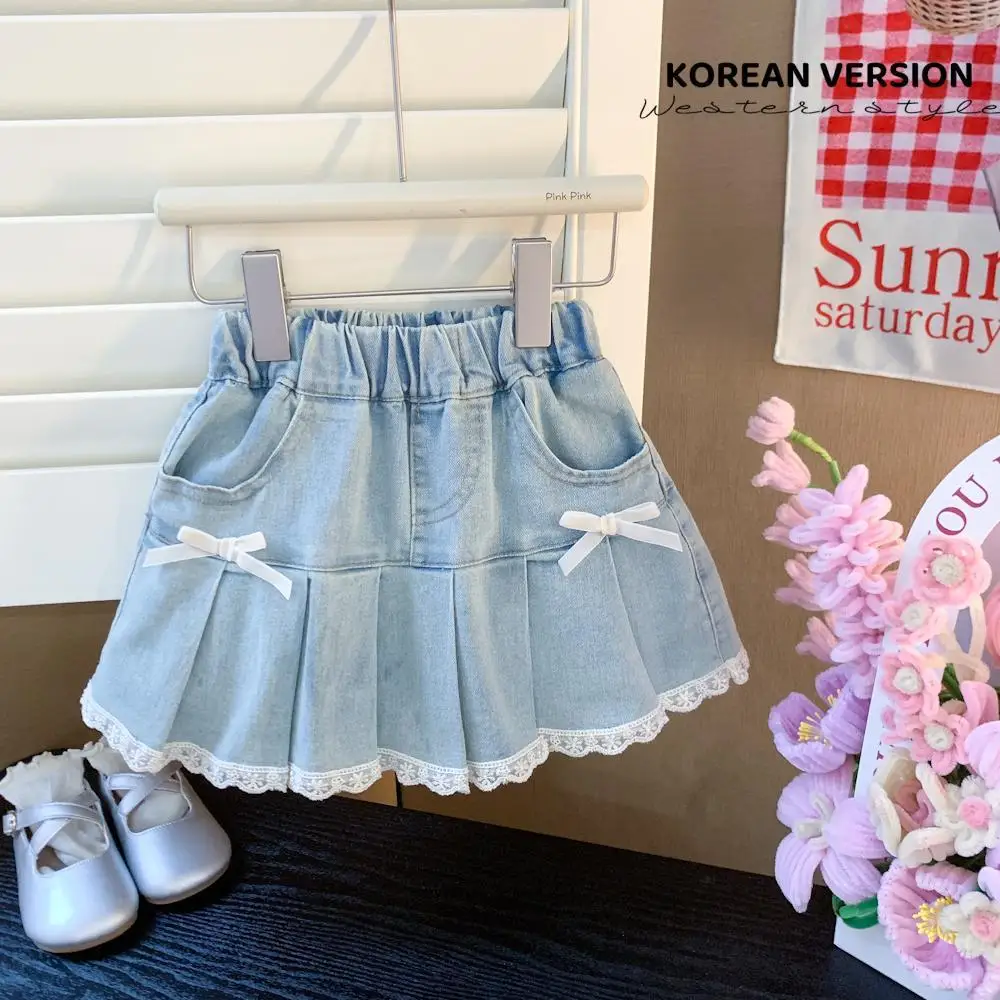 Girls' Summer 2025 New Denim Short Skirt Fashion Bow Lace Lace Stylish Ruffle Skirt Casual Versatile