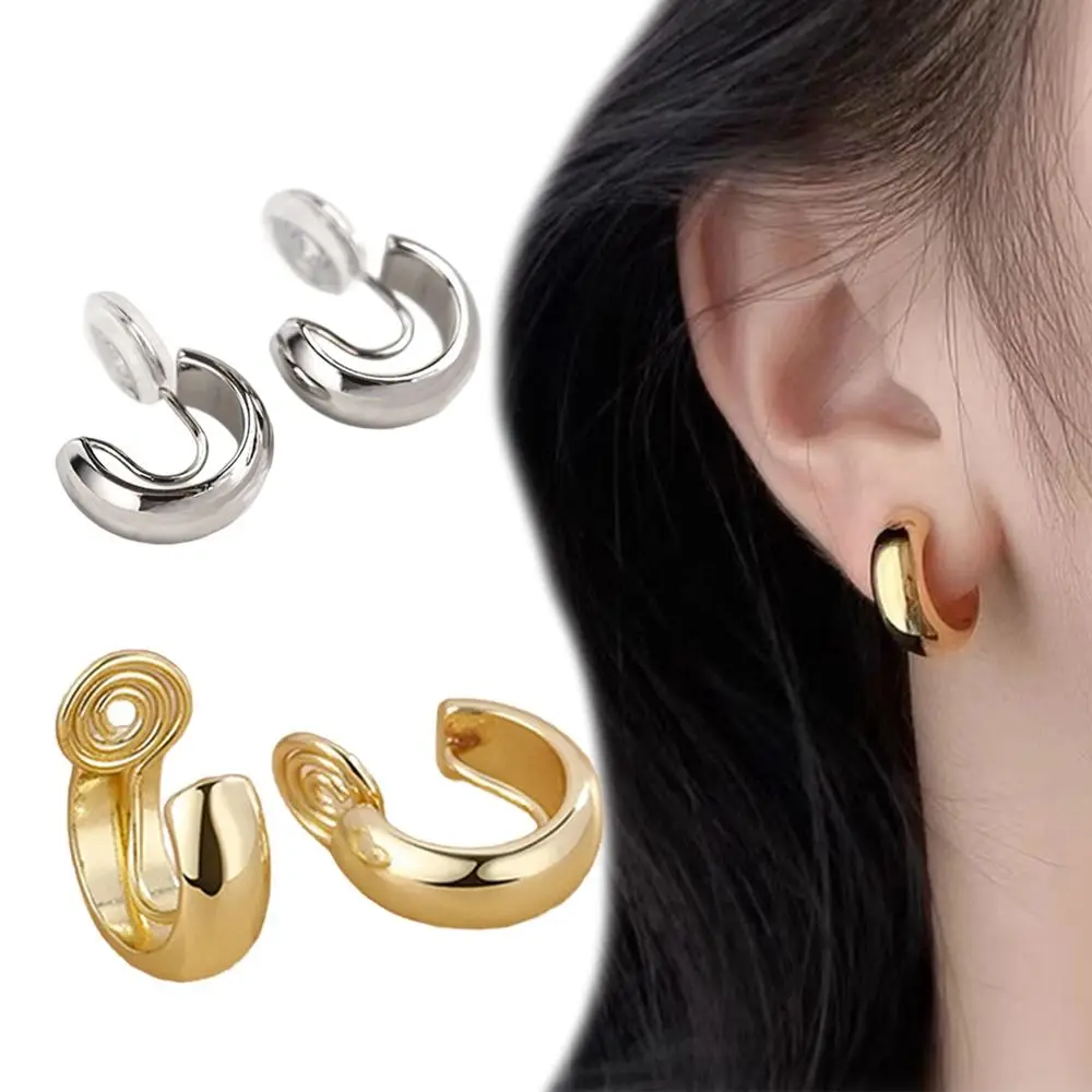 

1Pairs Fake Gold Clip On Hoop Earrings Non Pierced Minimalist Clip Earrings Classic Chunky Hoops Hip Hop Earring