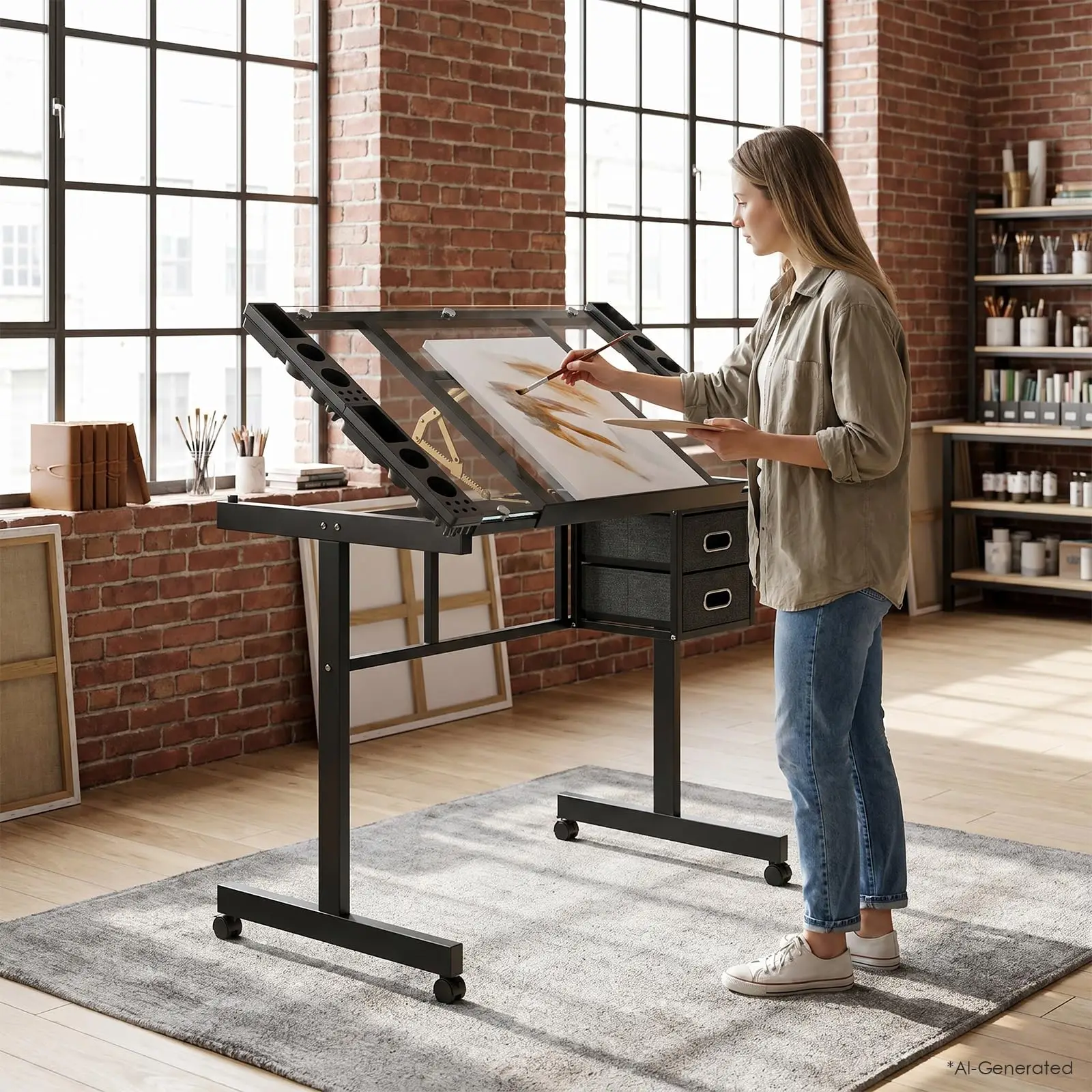 Rolling Drafting Table on Wheels, Painting Table Art Craft Desk Crafting Table with ing Transparent Tempered Glass Top