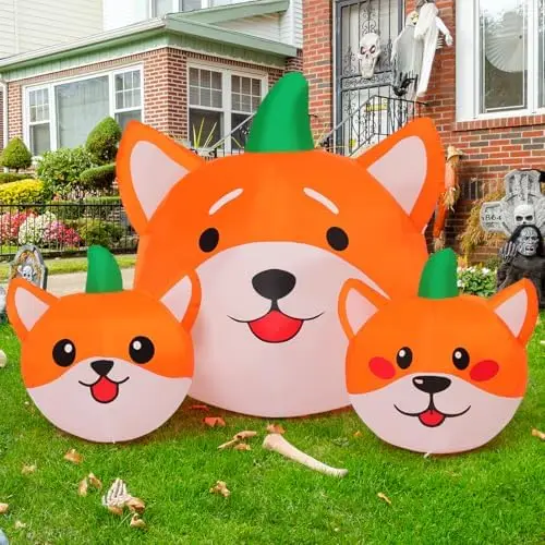 5 FT Long Halloween Pumpkin Dog Party Decorations LED-Built Yard Dog Head Combo for Garden Lawn Decor
