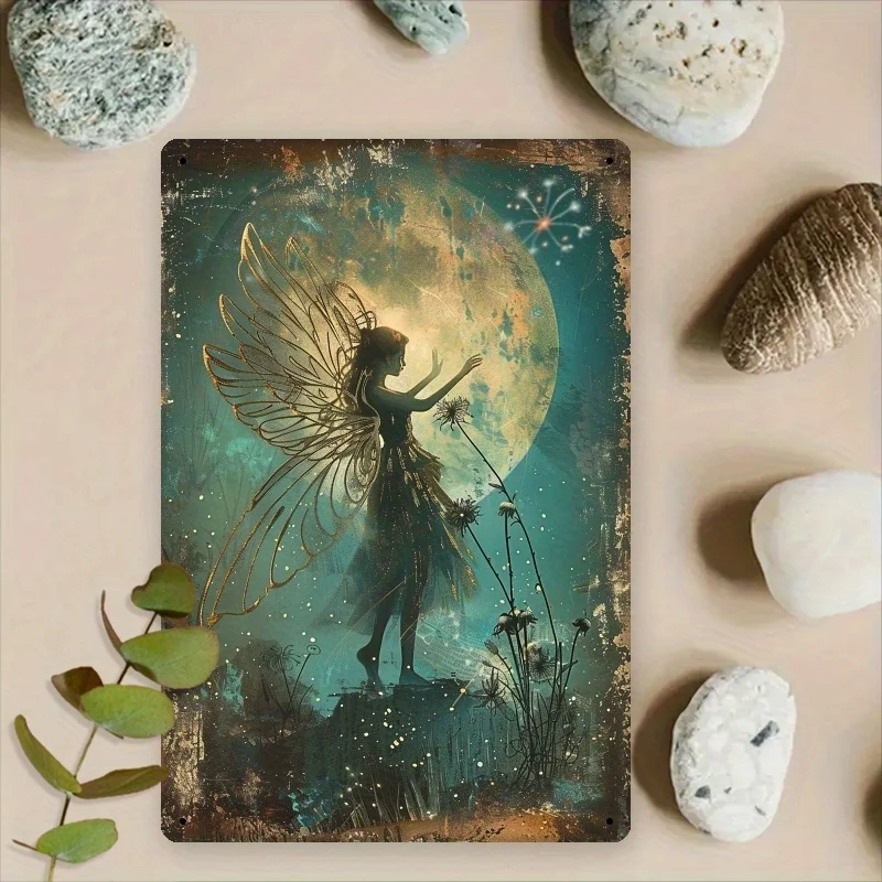 Enchanting Dandelion Fairy Vintage Metal Wall Art - 8.0X12.0 inch Iron Plate with Magical Night Sky Design, Perfect for Living R